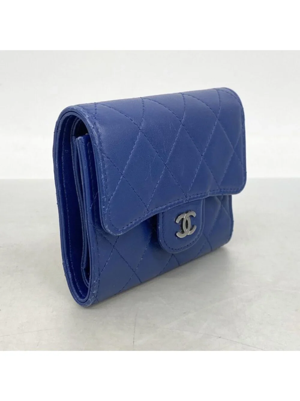 Chanel Trifold Wallet Quilted Lambskin Blue Silver